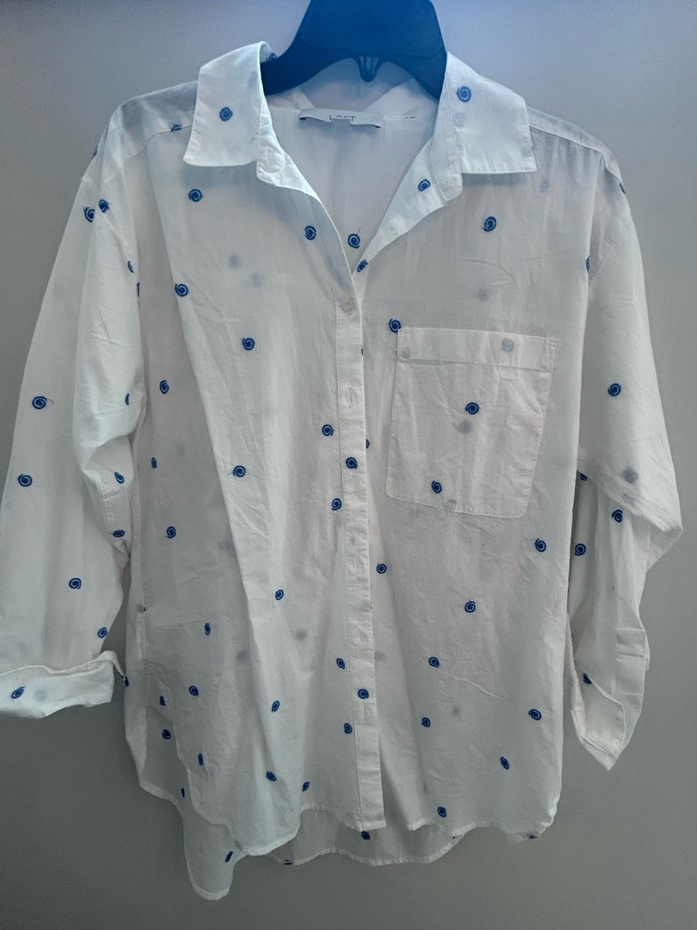 LOFT White Button-Down Shirt with Blue Dot Print S